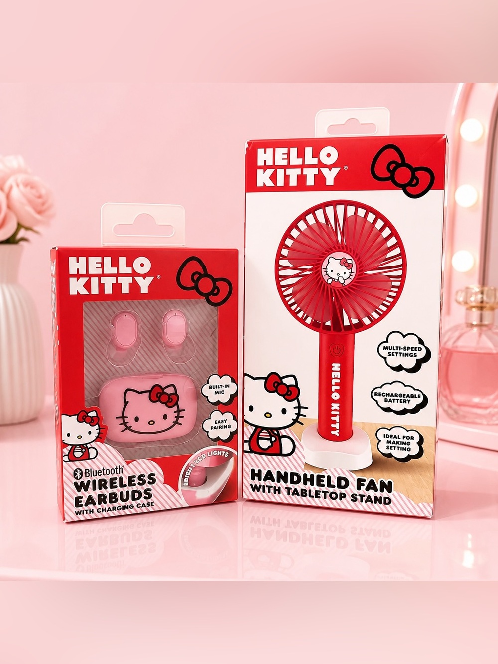 Hello Kitty Red Fan & Pink Wireless Earbuds 2-Piece Set